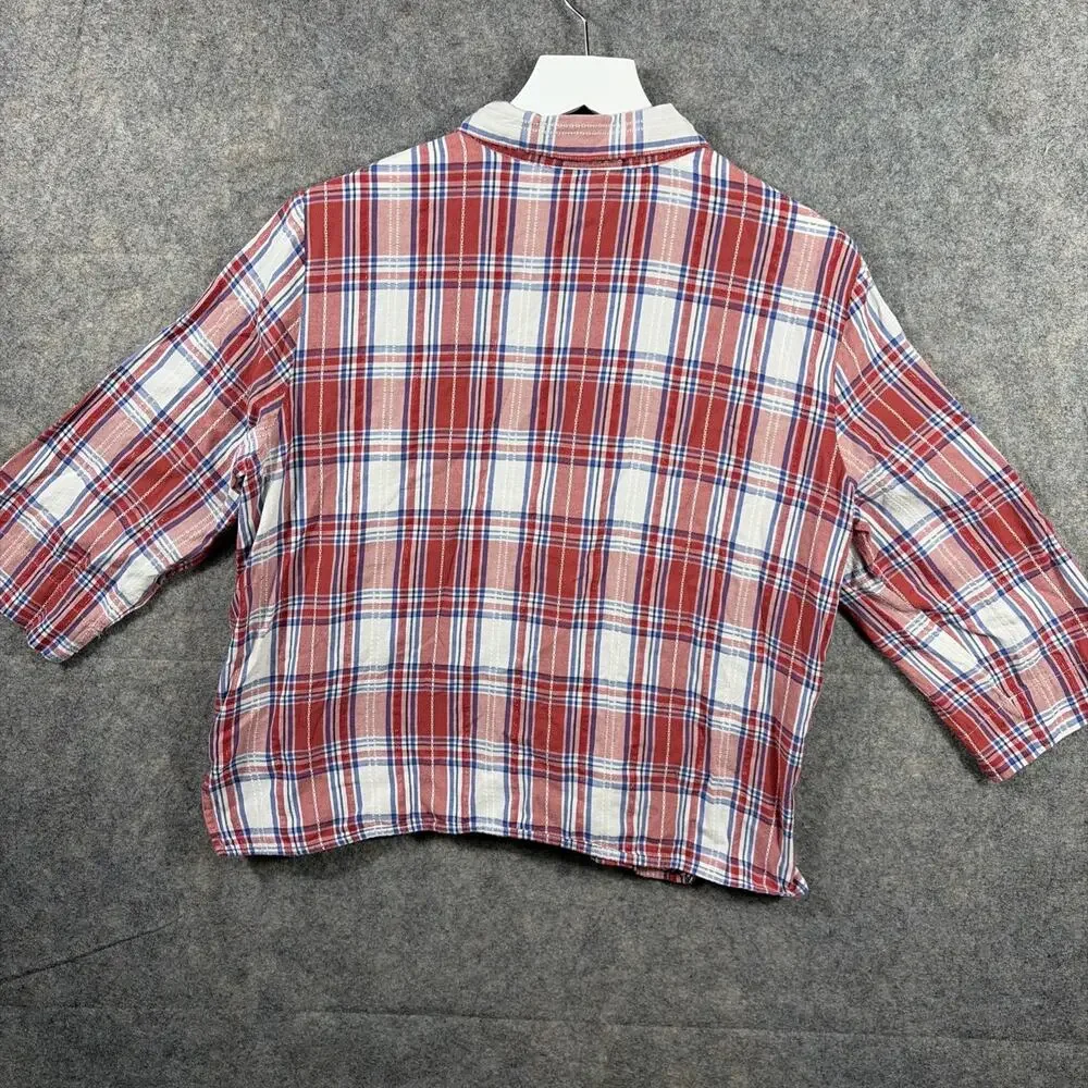 Alfred Dunner Women's Red Plaid 3/4 Sleeve Button Front‎ Top Floral Beading 18P